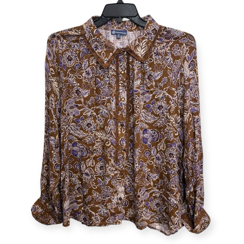Democracy Women’s Brown and Purple Floral Blouse Size 1X/2X *266